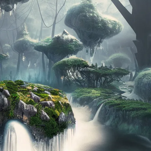 Image similar to floating islands above a forest river, fantasy, hyper detailed, futuristic, , cinematic atmosphere, arnold render, trending on artstation, cgsociety