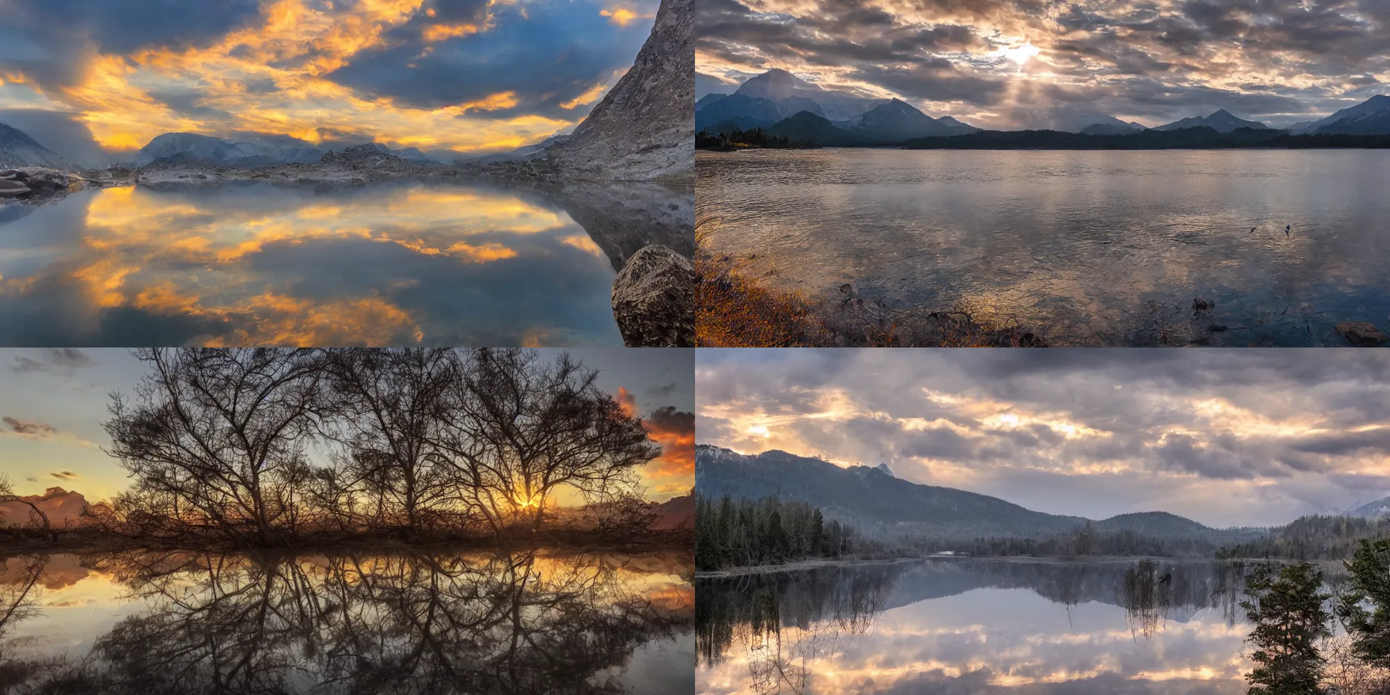 Prompt: mountain sunset over water, reflections, crepuscular rays, long exposure