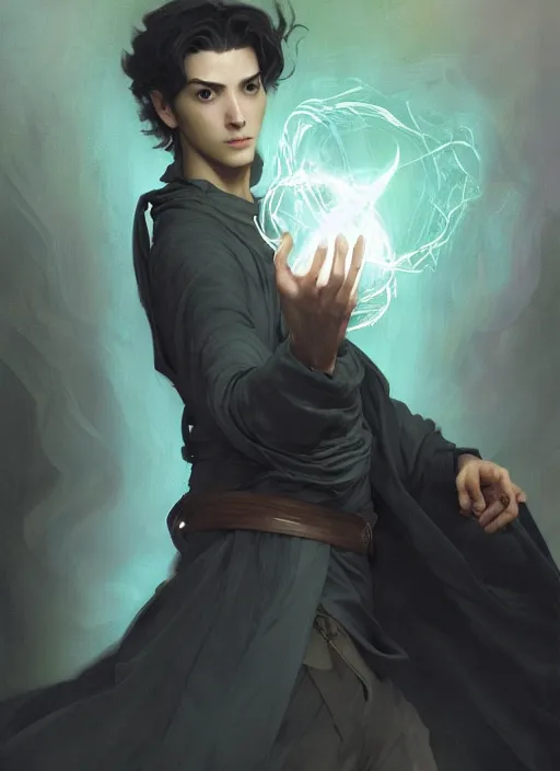 Image similar to character concept portrait of an attractive young Spanish wizard conjuring a violent void spell, a floating iridescent spell book in the center, intricate, elegant, digital painting, concept art, smooth, sharp focus, illustration, from Metal Gear, by Ruan Jia and Mandy Jurgens and William-Adolphe Bouguereau, Artgerm