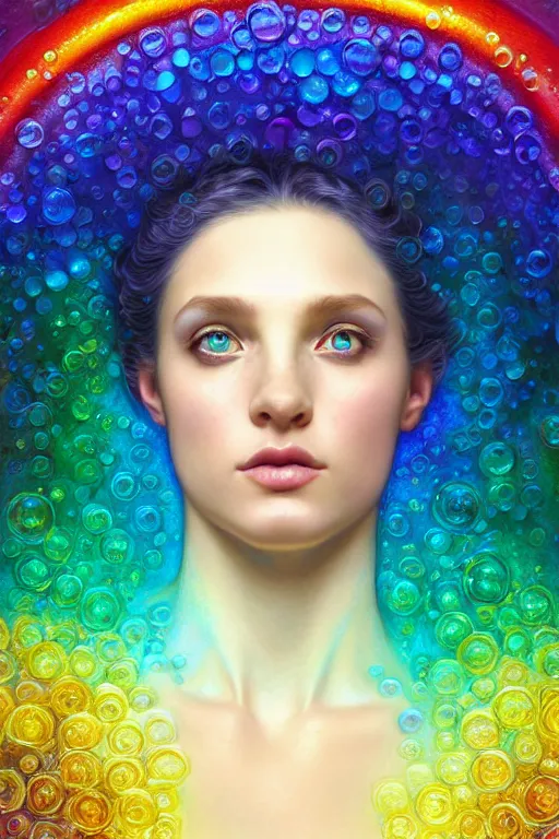 Prompt: bust of a rainbow woma , fantasy, gradient rainbow, dreamy and ethereal, blue eyes, golden ratio, peaceful expression, ornate frilly dress, fantasy, intricate, elegant, rainbow bubbles, highly detailed, digital painting, artstation, concept art, smooth,b sharp focus, illustration, art by artgerm and greg rutkowski and alphonse mucha