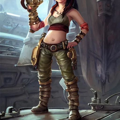 Prompt: scrappy female gnome mechanic with pixie undercut hair and one prosthetic metal gauntlet arm standing on a ship deck, naval background, fantasy, D&D, full body portrait, highly detailed, digital painting, HD, trending on ArtStation, dark fantasy, great composition, concept art, matte, sharp focus, illustration, art by artgerm and greg rutkowski