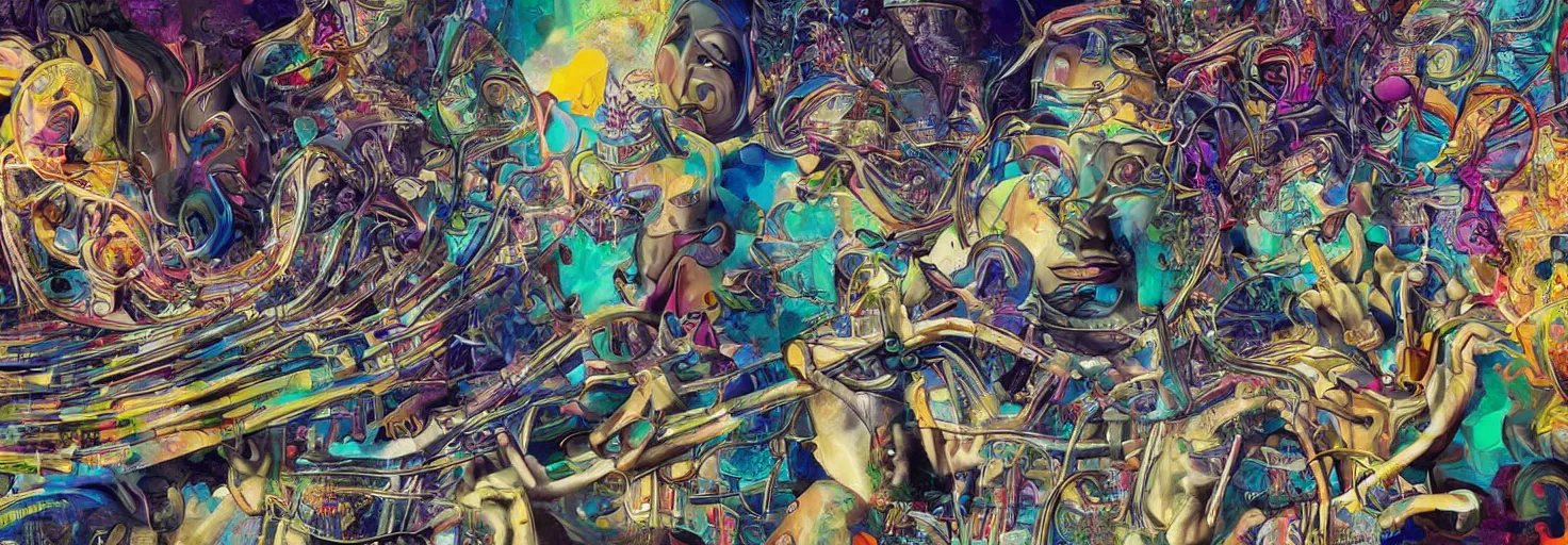 Image similar to Mural of raising AI art by Chor Boogie and Salvador Dali collaboration, digital art, mix of aesthetics, close up, high details