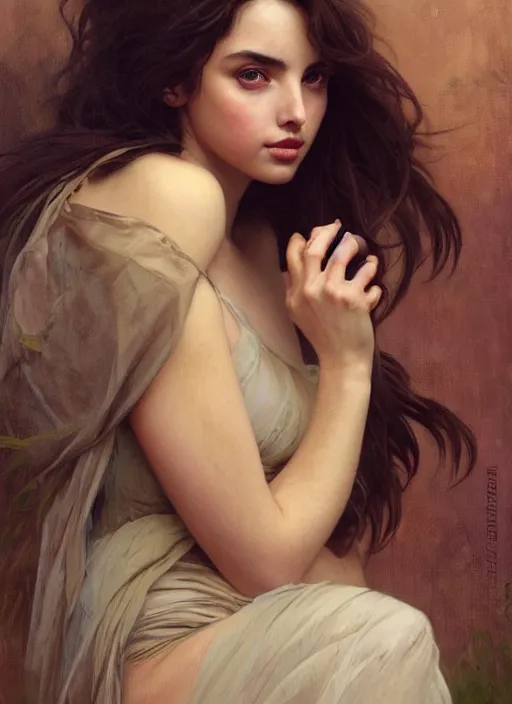 Image similar to beautiful portrait of ana de armas, soft features, by magali villeneuve and greg rutkowski and artgerm and alphonse mucha and jeremy lipkin and rob hay, intricate, elegant, highly detailed, photorealistic, trending on artstation, trending on cgsociety, 8 k, sharp focus