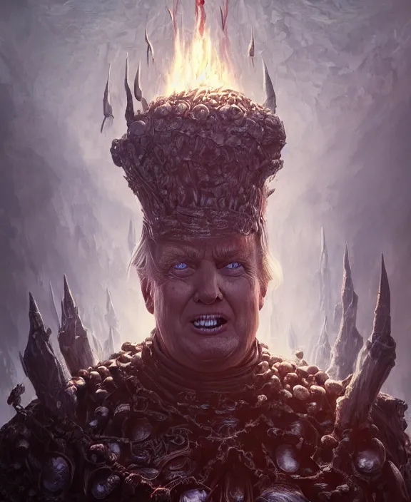 Prompt: full body photograph of donald trump as an evil necromancer from dungeons and dragons, fantasy art, symmetrical hyper detailed face and body, cinematic, hyperdetailed illustration by greg rutkowski, depth of field, global illumination