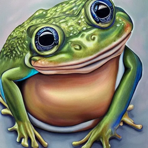 Prompt: A giant oversized fat frog with Alex Jones face, photorealistic painting