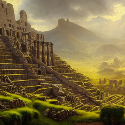 Prompt: a beautiful and highly detailed matte painting of aztec ruins in the mountains, thick mist, sunlight, celtic, psychedelic, epic scale, insanely complex, hyperdetailed, sharp focus, hyperrealism, artstation, cgsociety, 8 k, bright colors, by caspar friedrich, albert bierstadt, james gurney, brian froud,