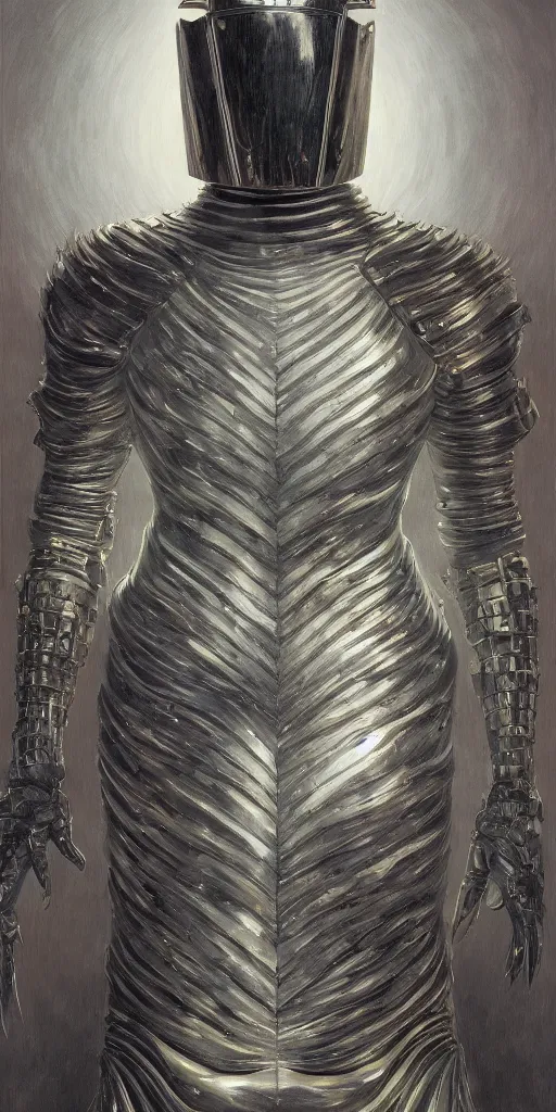 Prompt: full body portrait of beautiful gothic and futuristic fashion model, open space armour, cyber armour, highly detailed, artstation, illustration, composition, 8 k quality, art by jean delville, rene magritte, hyperrealism oil painting