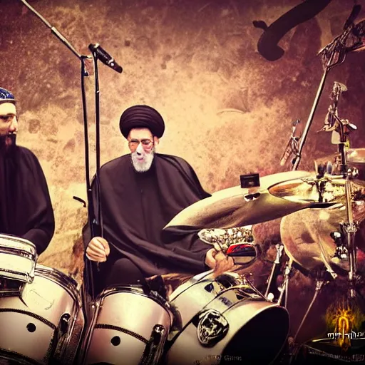 Image similar to khamenei playing drums in heavy metal band in heaven, high definition, trending on artstation, unreal engine, photorealistic, high resolution,, trending on deviantart, hdr, hyper detailed, insane details, intricate, elite, ornate, elegant, luxury, dramatic lighting