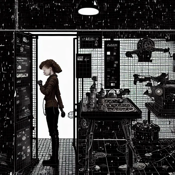 Image similar to sadie sink as a miner inside a minimalist steampunk automated kiosk room considers food options to choose from. black tiles on walls, bright foods displayed on a wall. wide angle lens. black and white, pencil and ink. scifi cyberpunk. by gabriel hardman, joe alves, chris bonura. cinematic atmosphere, detailed and intricate, perfect anatomy