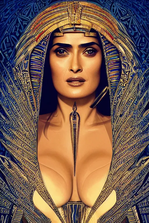 Image similar to Portrait of Salma Hayek as Cleopatra, intricate art deco leaf designs, elegant, highly detailed Egyptian patterns, hieroglyph, sharp focus, art by Artgerm and beeple