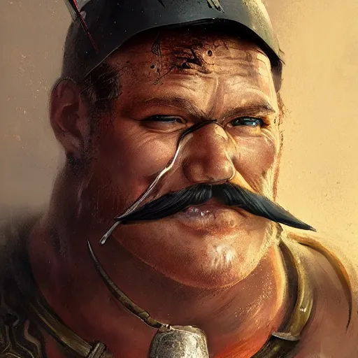 Image similar to portrait old chef barbarian warrior with trucker mustache and short hair, 8 k, trending on art station, by tooth wu and greg rutkowski