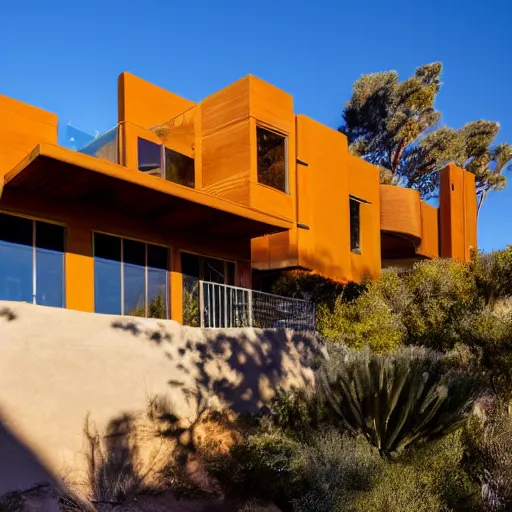 Prompt: a midcentury art deco 3 story house built on the side of a desert cliff, wood facade, large windows, acrylic painting