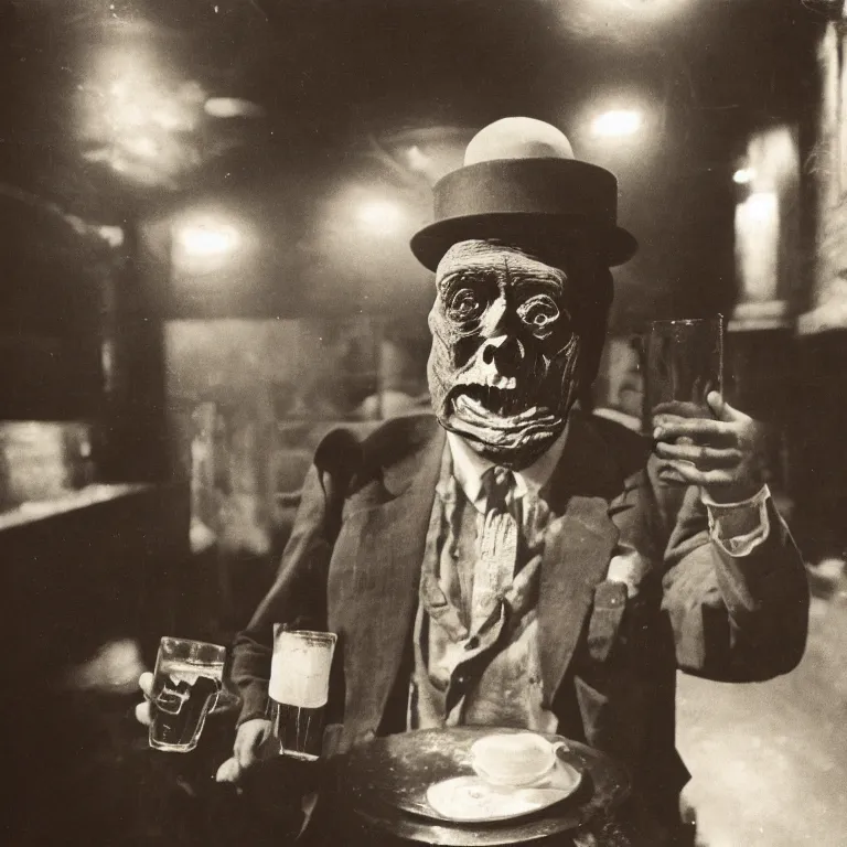 Prompt: Sepia medium shot shallow depth of field hyperrealistic street photography of an aging Lon Chaney Jr Mummy with a fez wearing a fancy suit drinking a bottle of beer in a dark dive bar by Lisette Model by Diane Arbus in 1957, grainy shocking detail hyperrealistic trending on artstation