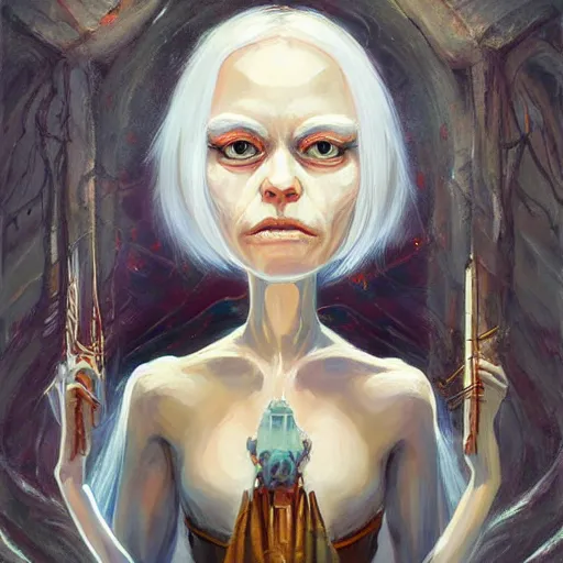 Image similar to portrait of small, cute, rubbery, huge-eyed, big-lipped albino mutant priestess with elaborate white hair with serious expression; science fiction concept art by Anato Finnstark, Margaret Keane, Greg Rutkowski