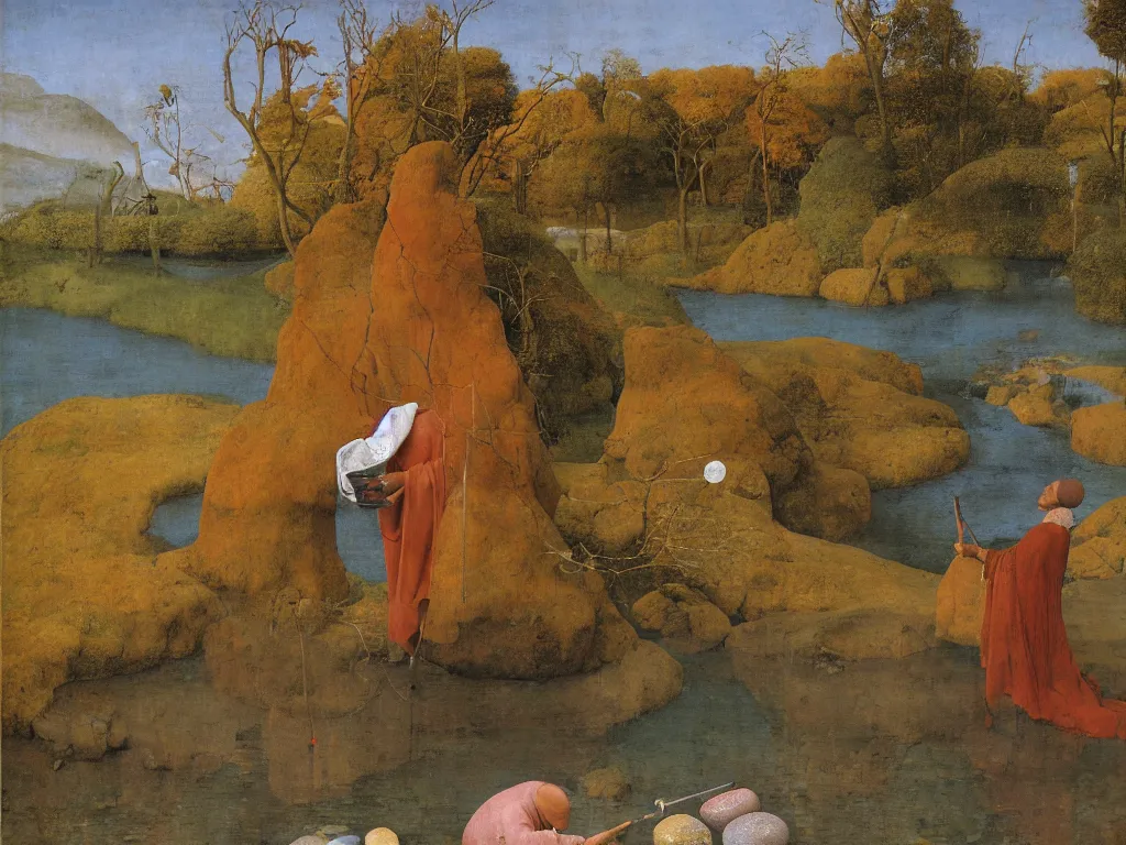 Image similar to Portrait of a painter washing his brush in a river. Humanoid rocks, coral-like pebbles, autumn light. Painting by Jan van Eyck, Roger Dean, Beksinski, Piero della Francesca