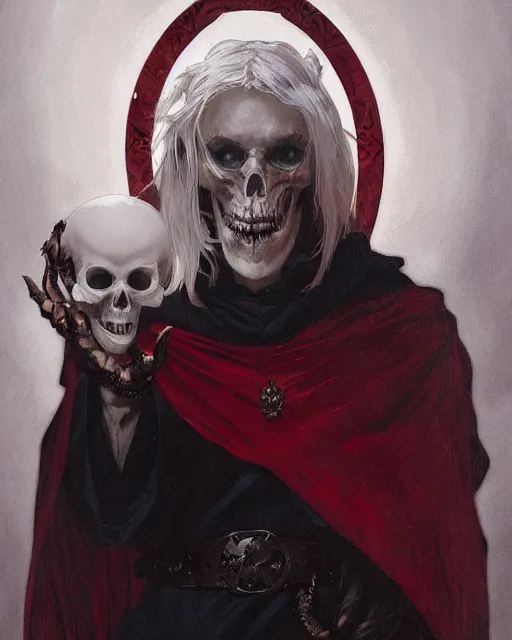 Prompt: '' Portrait of a blood warlock holding a skull on his hand, white hair, bone wings, dark cape, dark eyes, dark red background, high detail, 4k , digital painting, artstation, concept art, sharp focus, illustration, art by greg rutkowski and alphonse mucha ''