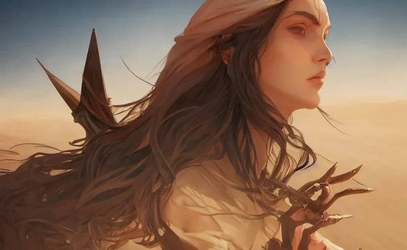 Image similar to flat desert, isolated spikes, deep focus, fantasy, artstation, matte, sharp focus, illustration, art by artgerm and greg rutkowski and laura sava and alphonse mucha