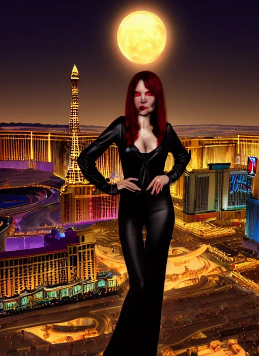 Image similar to full body portrait, vampire queen in background of las vegas at night, highly detailed, CGsociety, subtle, concept art, HDR, hyper realistic, volumetric lighting, subsurface scattering, unreal
