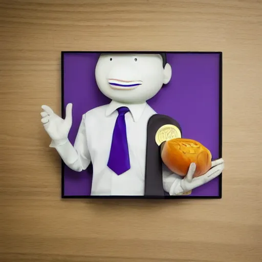 Image similar to hyperreal lifelike corporate portrait, anthropomorphic edible piechart, snake oil ceo, uncle aloysius family medicine depot, purple green color scheme, detailed lifelike facial features, professional studio lighting