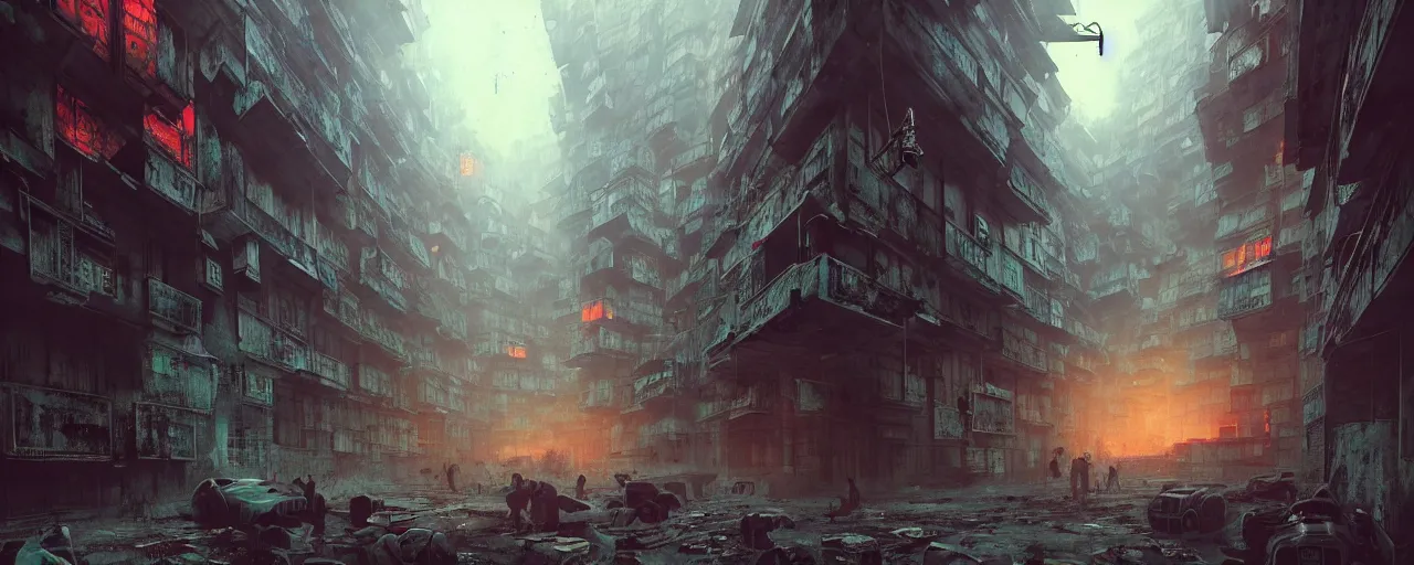 Image similar to duotone noir concept illustration inside of kowloon walled city stimulus overload, octane render, concept hideo kojima surreal atmosphere, abandoned buildings volumentric lighting. cosmic horror. accidental renaissance. by sachin teng and sergey kolesov and ruan jia and heng z. graffiti art, scifi, fantasy, hyper detailed. trending on artstation