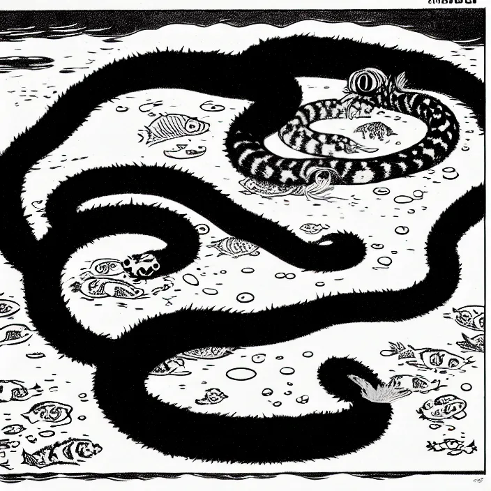 Image similar to a still frame from comic strip, black fluffy hairy snake in a fishtank 1 9 5 0, herluf bidstrup, new yorker illustration, monochrome contrast bw, lineart, manga, tadanori yokoo, simplified,