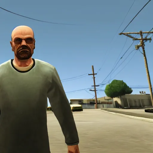 Prompt: Walter White as a character in Gta San Andreas, screenshot, rockstar games, pc game, 4k