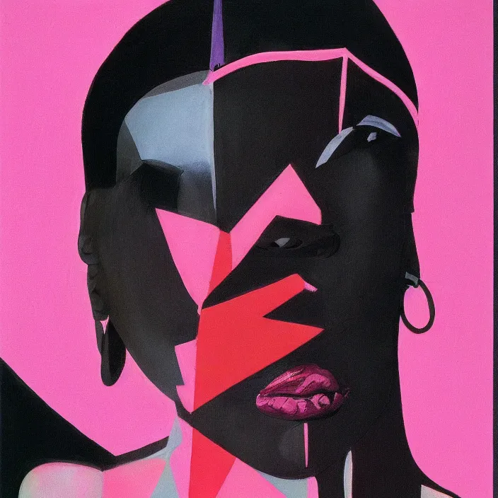 Image similar to abstract portrait of grace jones in pink, geometric, anime style, caravaggio, syd mead