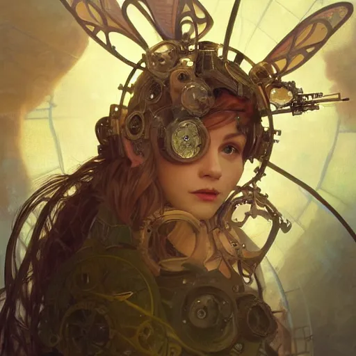 Prompt: portrait of a fairy with mechanical wings, wires and gears and machine, intricate, headshot, highly detailed, digital painting, artstation, concept art, sharp focus, cinematic lighting, illustration, art by artgerm and greg rutkowski, alphonse mucha, cgsociety