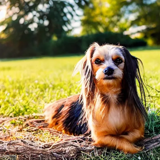 Prompt: the cutest looking mutt who is half long haired dachshund and half shih tzu, laying under a tree on a farm, golden hour, promised land, corn,