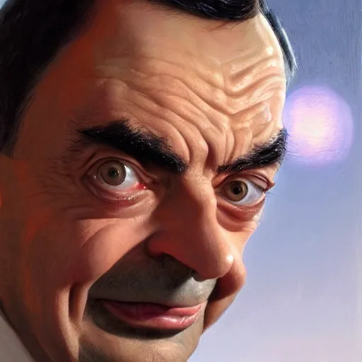 Prompt: hyper realistic, close up portrait of mr. bean by greg rutkowski, scott m fischer, artgerm, loish, slight glow, atmospheric