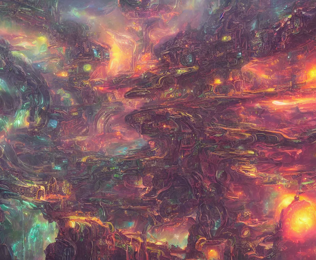Image similar to detailed painting of an intricate fantasy sci-fi-world, colorful, dreamy