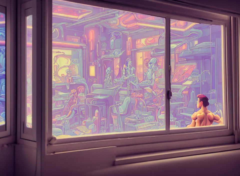 Image similar to telephoto 7 0 mm f / 2. 8 iso 2 0 0 photograph depicting the feeling of power in a cosy cluttered french sci - fi ( art nouveau ) pale cyberpunk apartment in a pastel dreamstate art cinema style. ( aquarium, body building, window ( city ), led indicator, lamp ( ( ( mirror ) ) ) ), ambient light.