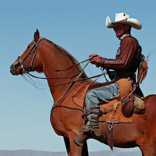 Image similar to gunslinger on a horse overlooking the desert, by Bruce Trimm and Eric Radomski