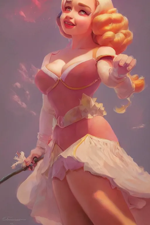 Image similar to Emilia Clarke as the princess peach by Gil Elvgren Stanley Artgerm Lau, WLOP, James Jean, Andrei Riabovitchev, Marc Simonetti, Yoshitaka Amano, ArtStation, CGSociety, cinematic lighting, god ray, starlit shining eyes