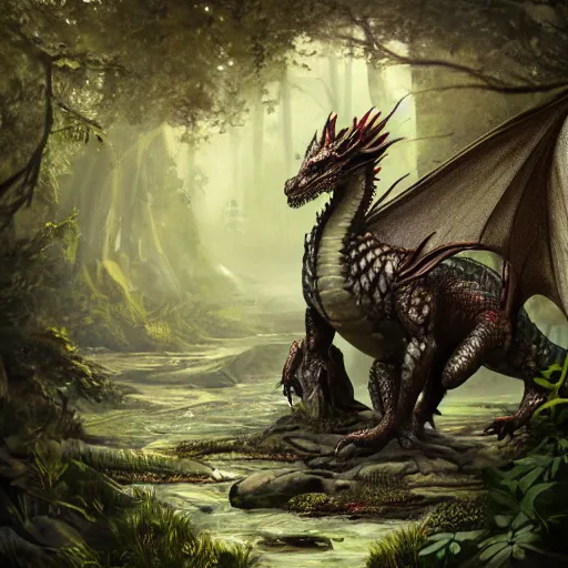Image similar to a peaceful dragon idly standing in a forest, peacefully drinking river water, intricately defined, complexly detailed, robustly ordinated, artist concept art, artist interpretation, trending on artstation, digital art, 4 k quality