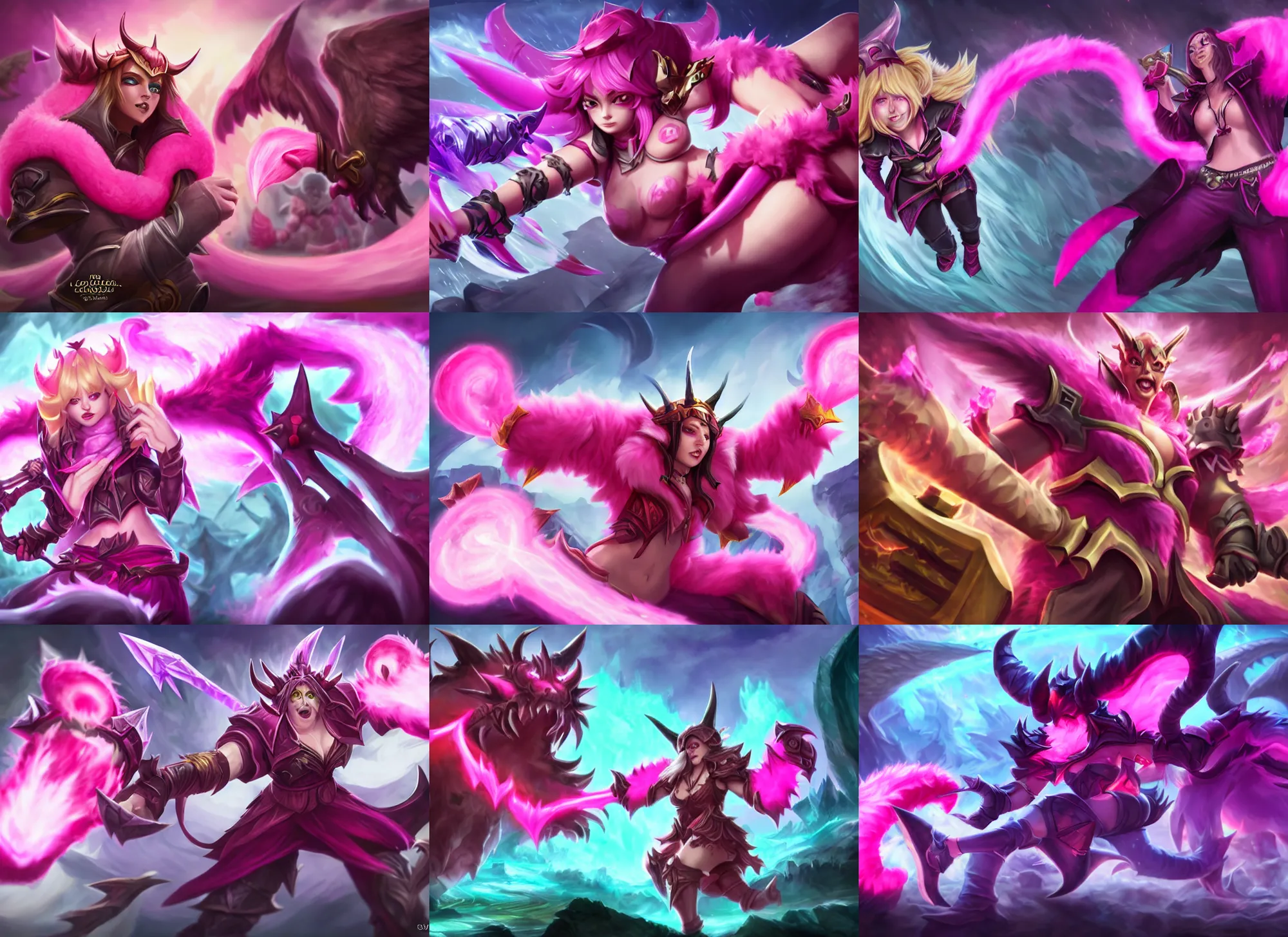 Prompt: Satan wearing pink fluffy battle mittens, league of legends splashart