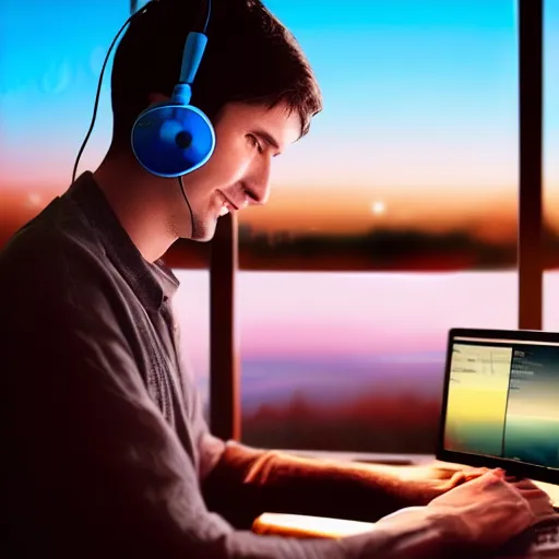 Prompt: friendly avatar computer programmer working late at night sunset outside window headphones terminal