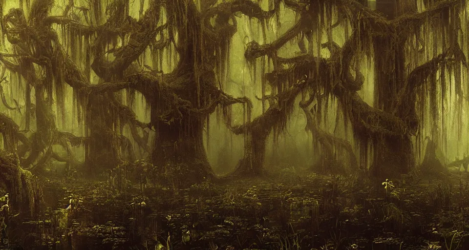 Prompt: A dense and dark enchanted forest with a swamp, by André François