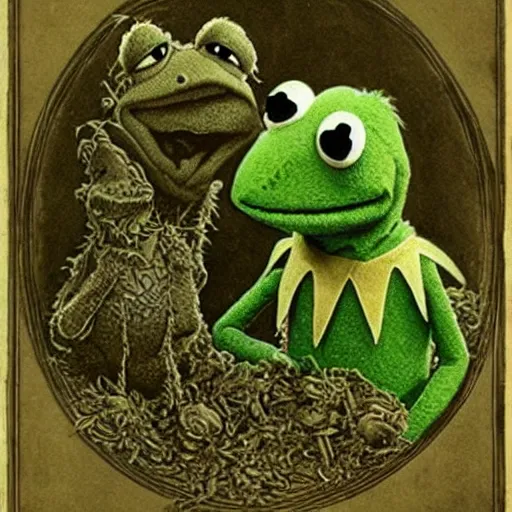 Prompt: Kermit the Frog by Gustave Dore, Sesame Street, intricate, very very detailed