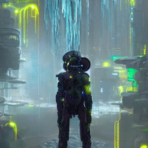 Prompt: a sage meditates under a waterfall pieces with glowing yelow visor as a realistic scifi cyberpunk, torso, art by james jean and greg rutkowski!!, realistic face, digital art,, golden ratio, perfect composition, trending on artstation, 8 k