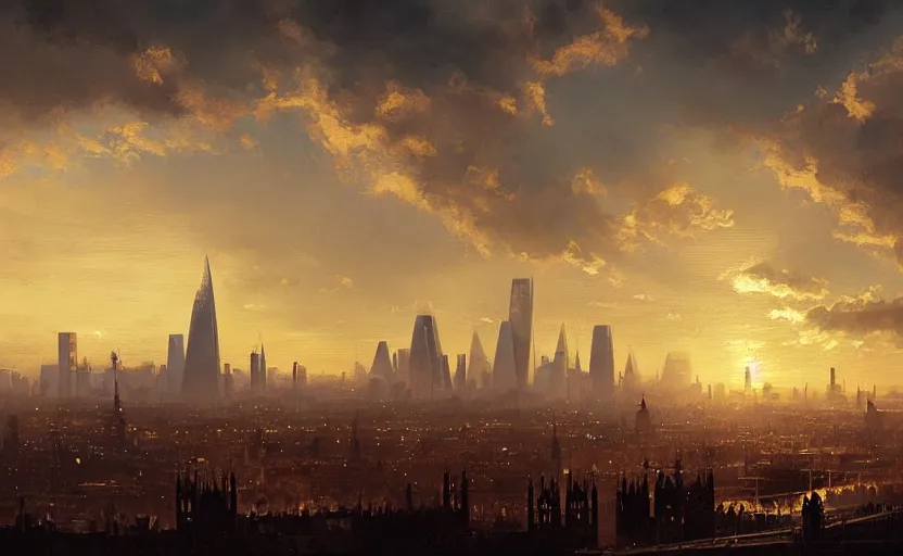 Image similar to painting of skyline of london at sunset, natural light, concept art, by greg rutkowski, cozy atmospheric and cinematic lighting