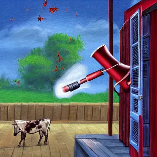 Image similar to A digital painting of a cannon on a porch. Birds are flying over and one of them is hit by a vase that was thrown into the air. A bull plays saxophone while next to the bull a farmer with a pitchfork smokes a cigarette.