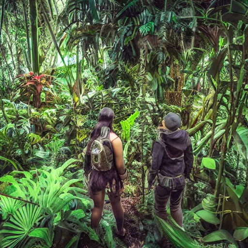 Image similar to interior shot of a lush jungle with two steam punk explorers navigating the harsh terrain,