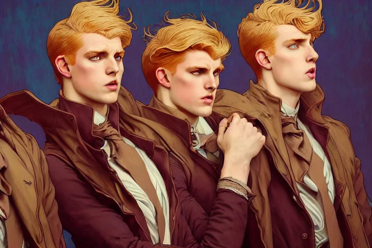 Prompt: dramatic portrait of 3 rowdy triplet brothers!!, one blond man, one ginger man, one brunet man!!! by artgerm, cushart krenz, greg rutkowski, mucha. art nouveau. gloomhaven, 3 rowdy triplets!!, vibrant colors, sharp edges. ultra clear detailed. 8 k. elegant, intricate, octane render