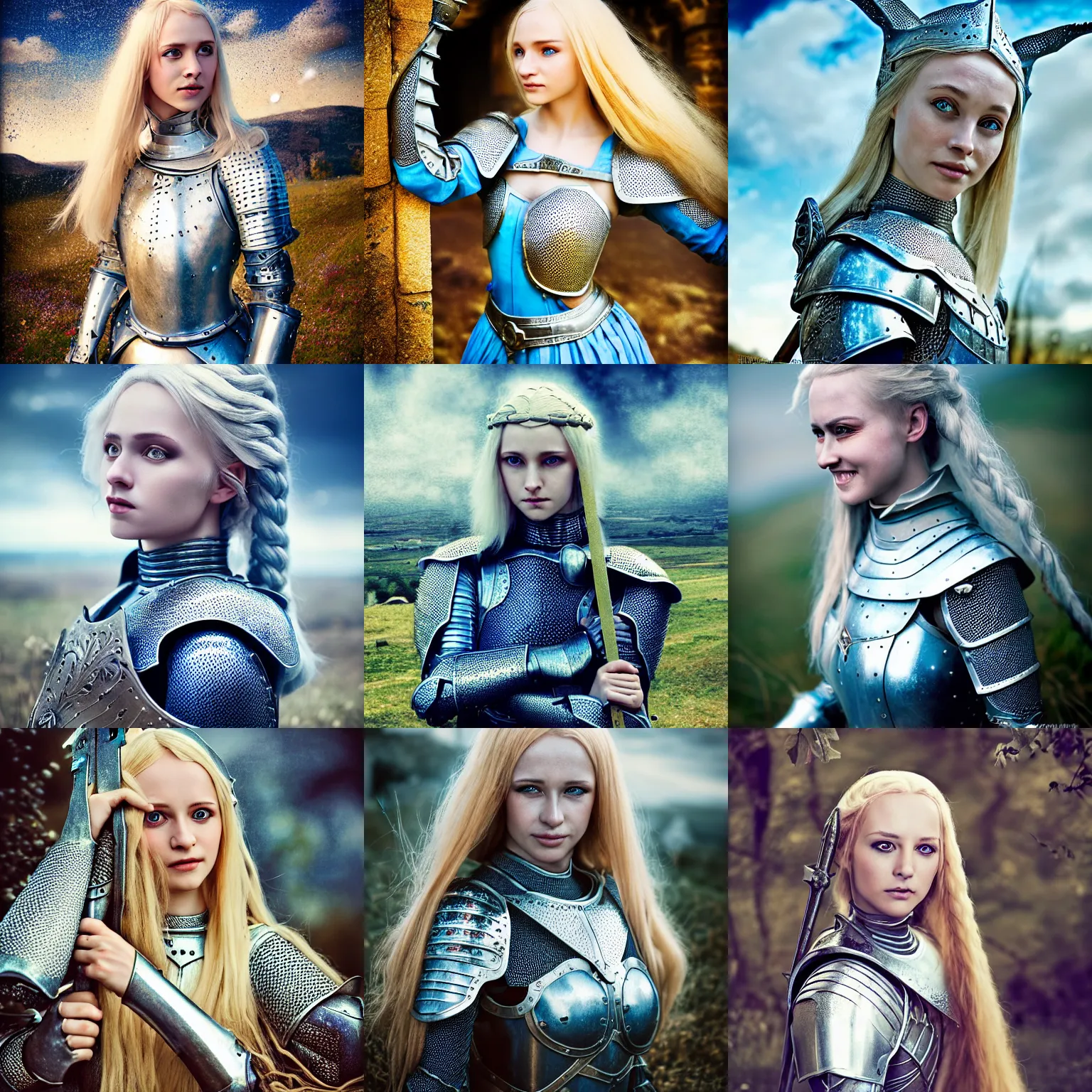 Prompt: beautiful ultra realistic medieval scene, 1290s frontiers in human medieval armour fashion magazine September retrofuturism joan of arc in Agnieszka Lorek edition, highly detailed, extreme closeup portrait, tilt shift background, three point perspective, focus on feminine model;blonde hair;blue eyes;knight;laughing;pointè pose, soft lighting