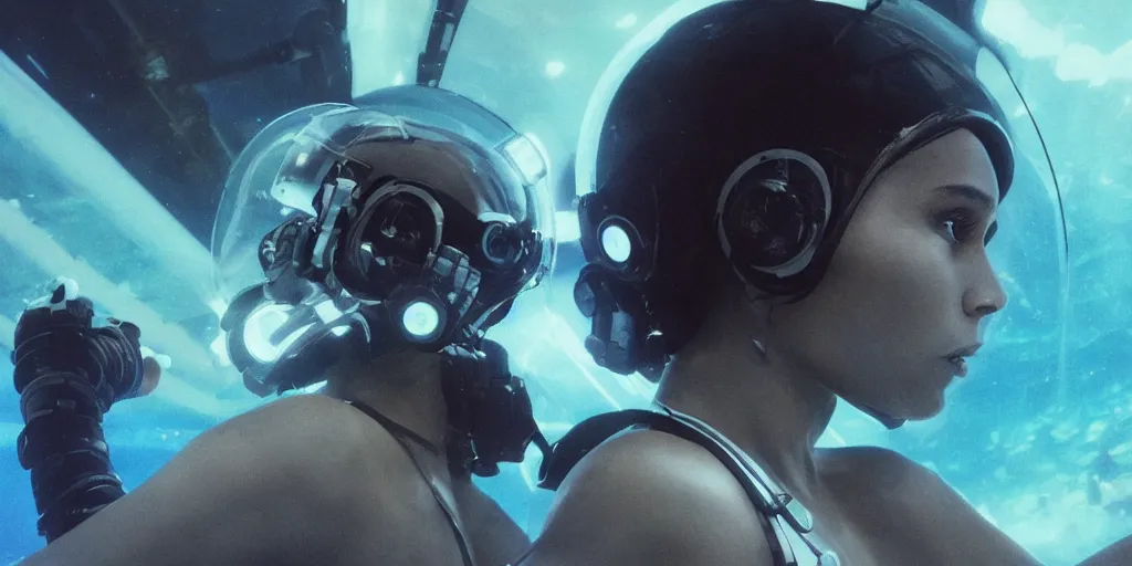 Prompt: Zoe Kravitz with short hair as a techpunk astronaut, helmet with led lights, underwater in the ocean at night, clear water, volumetric lighting, glowing lights, 4k, octane, digital painting, artstation, concept art, cinematic film, sharp focus, illustration, art by artgerm and greg rutkowski and alphonse mucha , wide angle view, full body