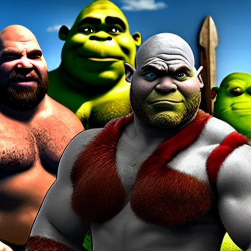 Prompt: kratos standing next to shrek, highly detailed, high quality, hd, 4 k, 8 k, canon 3 0 0 mm, professional photographer, 4 0 mp, lifelike, top - rated, award winning, realistic, sharp, no blur, edited, corrected, trending