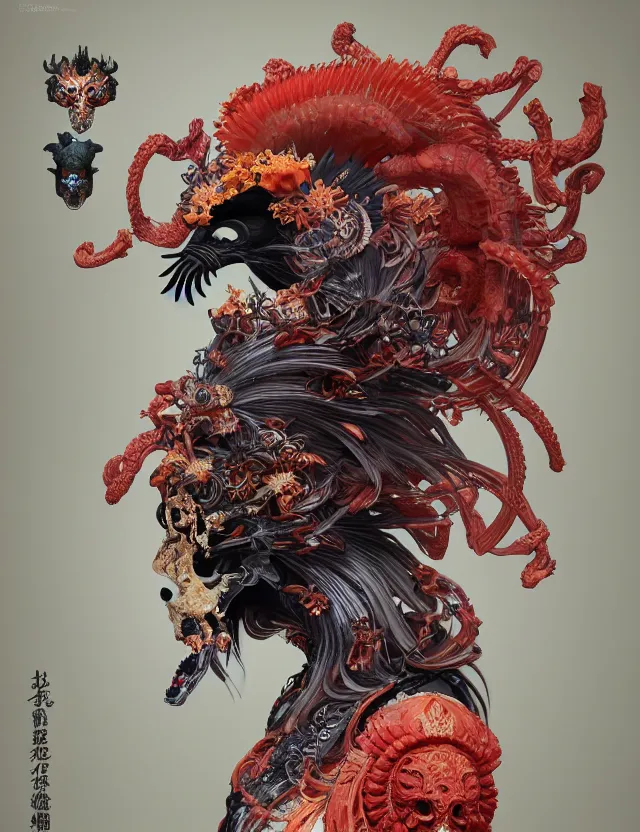 Image similar to 3 d goddess of hell close - up profile portrait with ram skull. beautiful intricately detailed japanese crow kitsune mask and clasical japanese kimono. betta fish, jellyfish phoenix, bio luminescent, plasma, ice, water, wind, creature, artwork by tooth wu and wlop and beeple and greg rutkowski