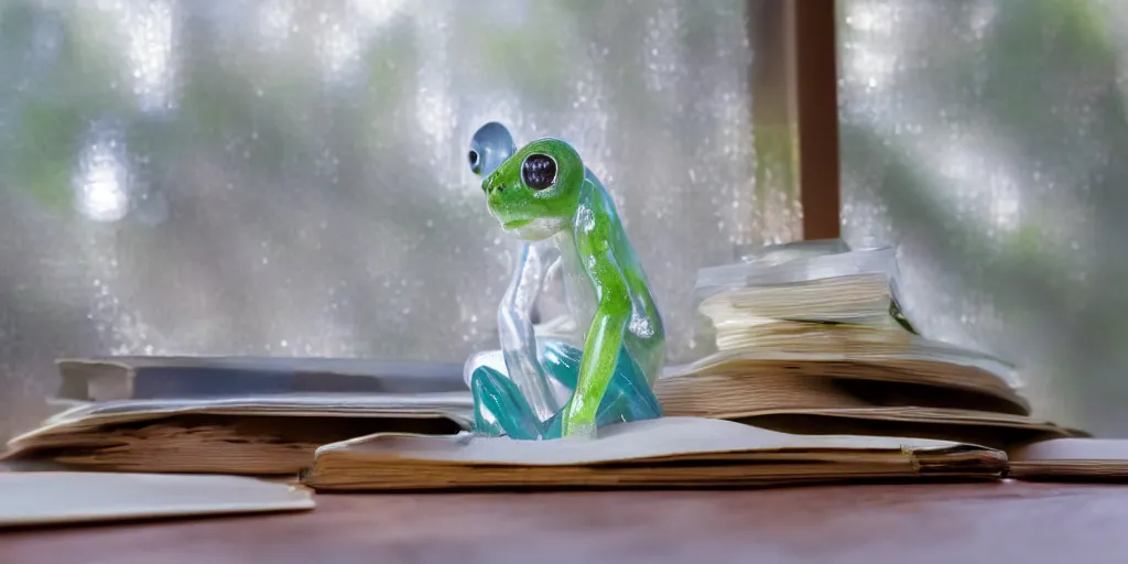 prompthunt: Cute glass frog on a student's table in front of a window.  Evening, soft light. 8k. High detail. Calm