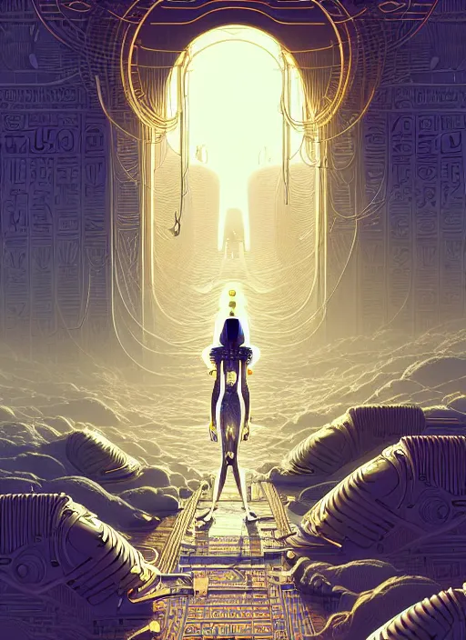 Image similar to highly detailed portrait of a robotoc cyborg long curly white hair egyptian tribal lady, stray wiring by atey ghailan, james gilleard, by joe fenton, by greg rutkowski, by greg tocchini, by kaethe butcher, 4 k resolution, gradient yellow, black and white color scheme!!! ( ( sandstorm robotic pyramid landscape background ) )